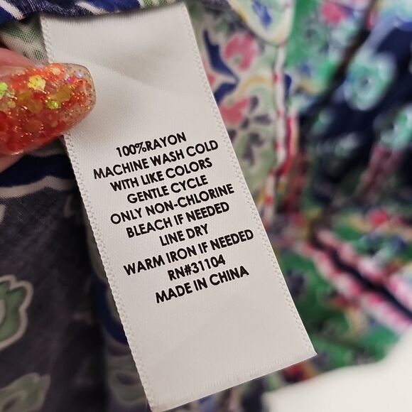 Crown & Ivy Tile Patterned Blue and Green Long Sleeve Blouson Peasant Dress - Picture 6 of 8